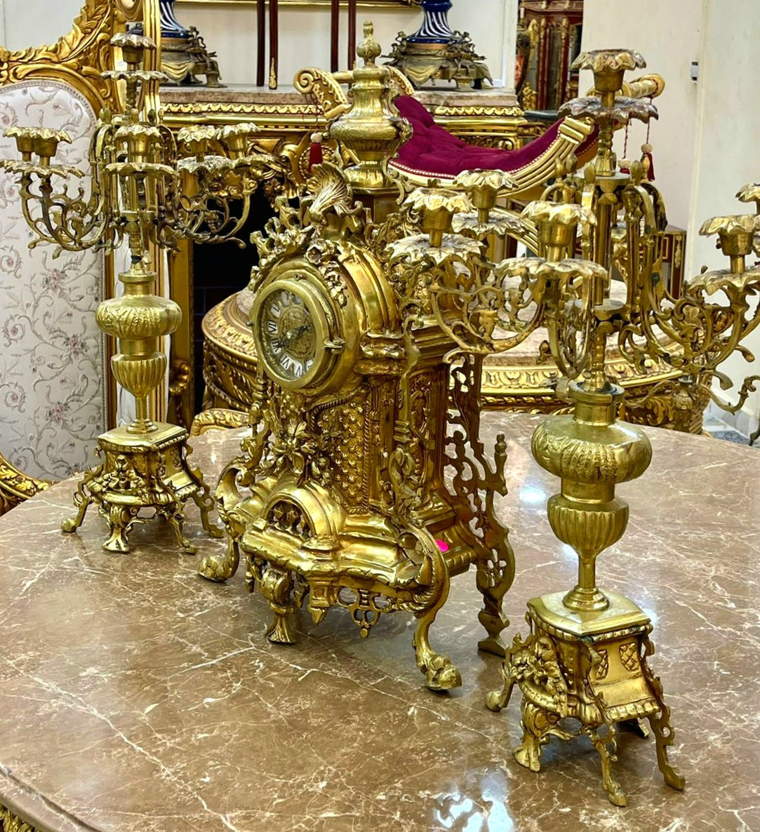 Elegant French Gilded Clock Set – Ornate Mantel Clock with Matching Candleholders