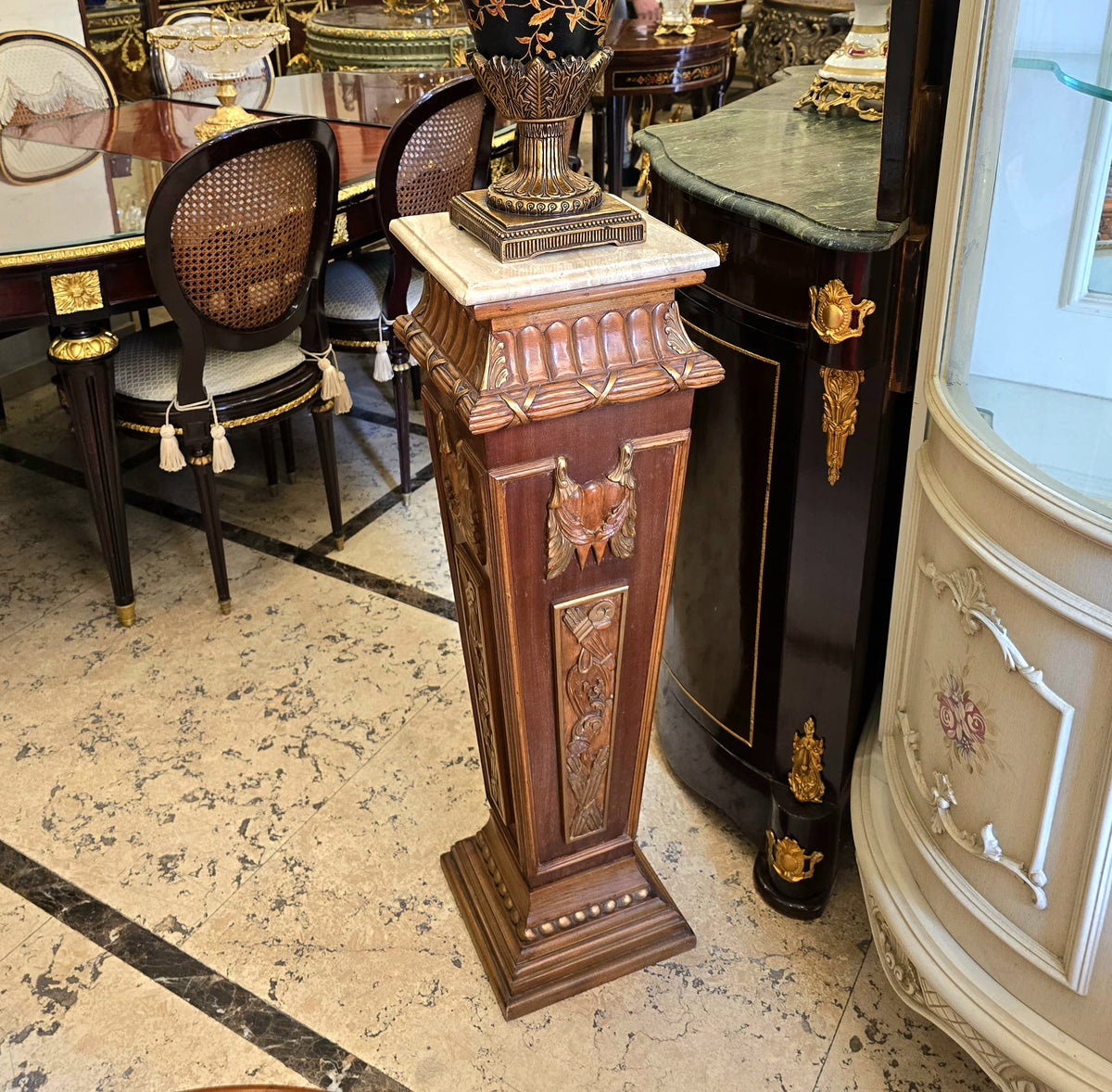 French Neoclassical Pedestal Stand – Wood Column with Marble Top & Gilded Gold Leaf Details