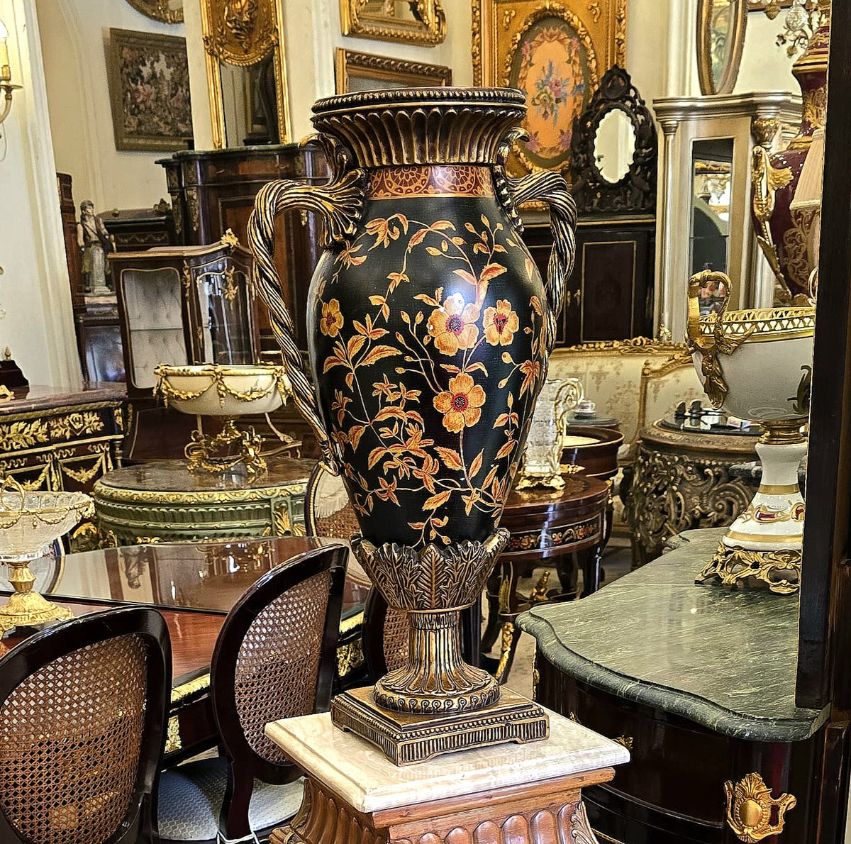 French-Style Black Porcelain Vase – Hand-Painted Floral Motifs with Gilded Bronze Details
