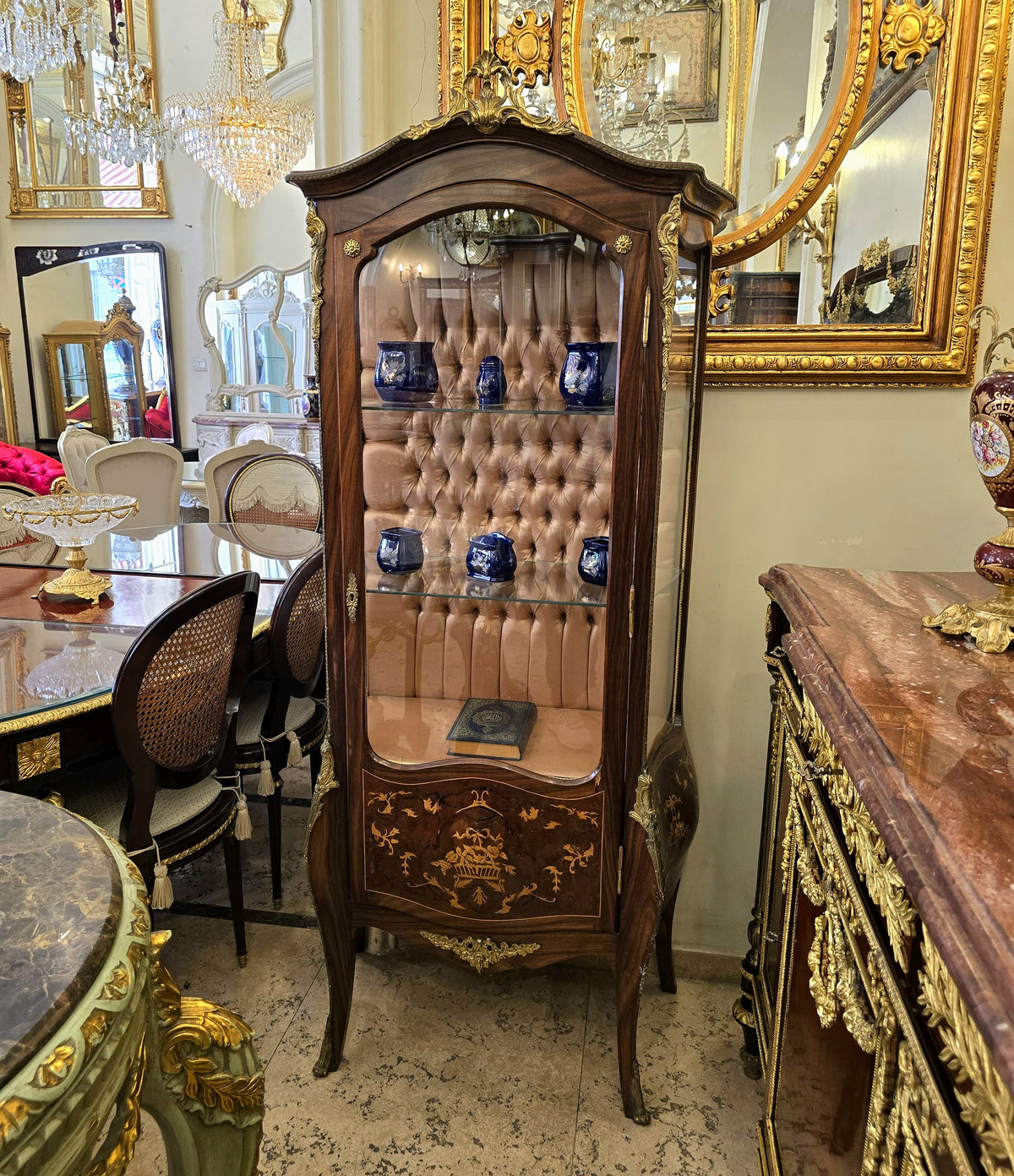 Grand French-Style Display Vitrine – Wood Cabinet with Tufted Velvet Interior, Glass Shelves & Gilded Details