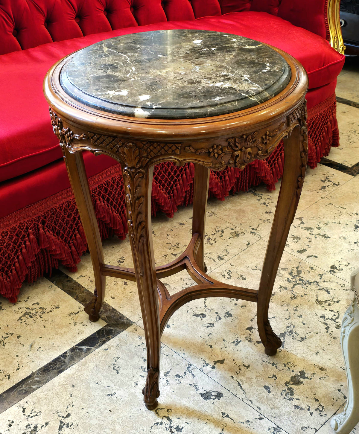French Louis XV-Inspired Side Table – Carved Wood Frame with Marble Top & Ornate Details