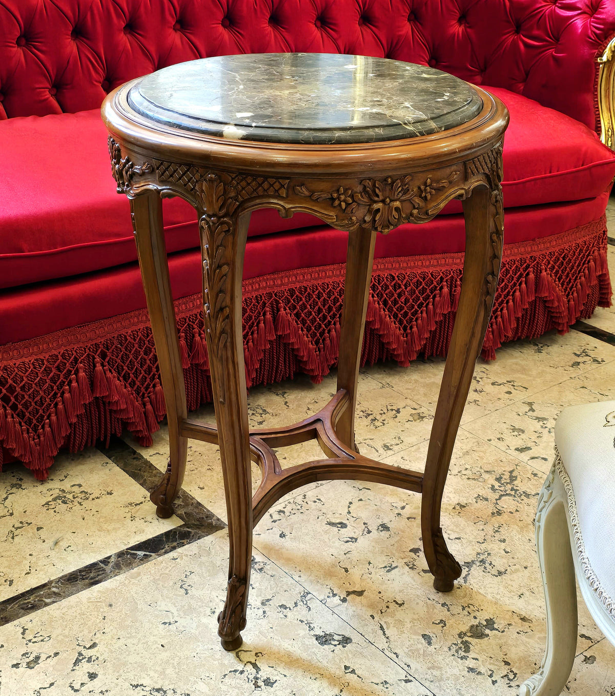 French Louis XV-Inspired Side Table – Carved Wood Frame with Marble Top & Ornate Details