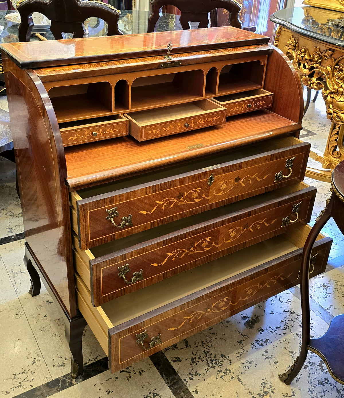 French-Style Roll-Top Secretary Desk – Marquetry Wood, Multiple Compartments & Decorative Inlay