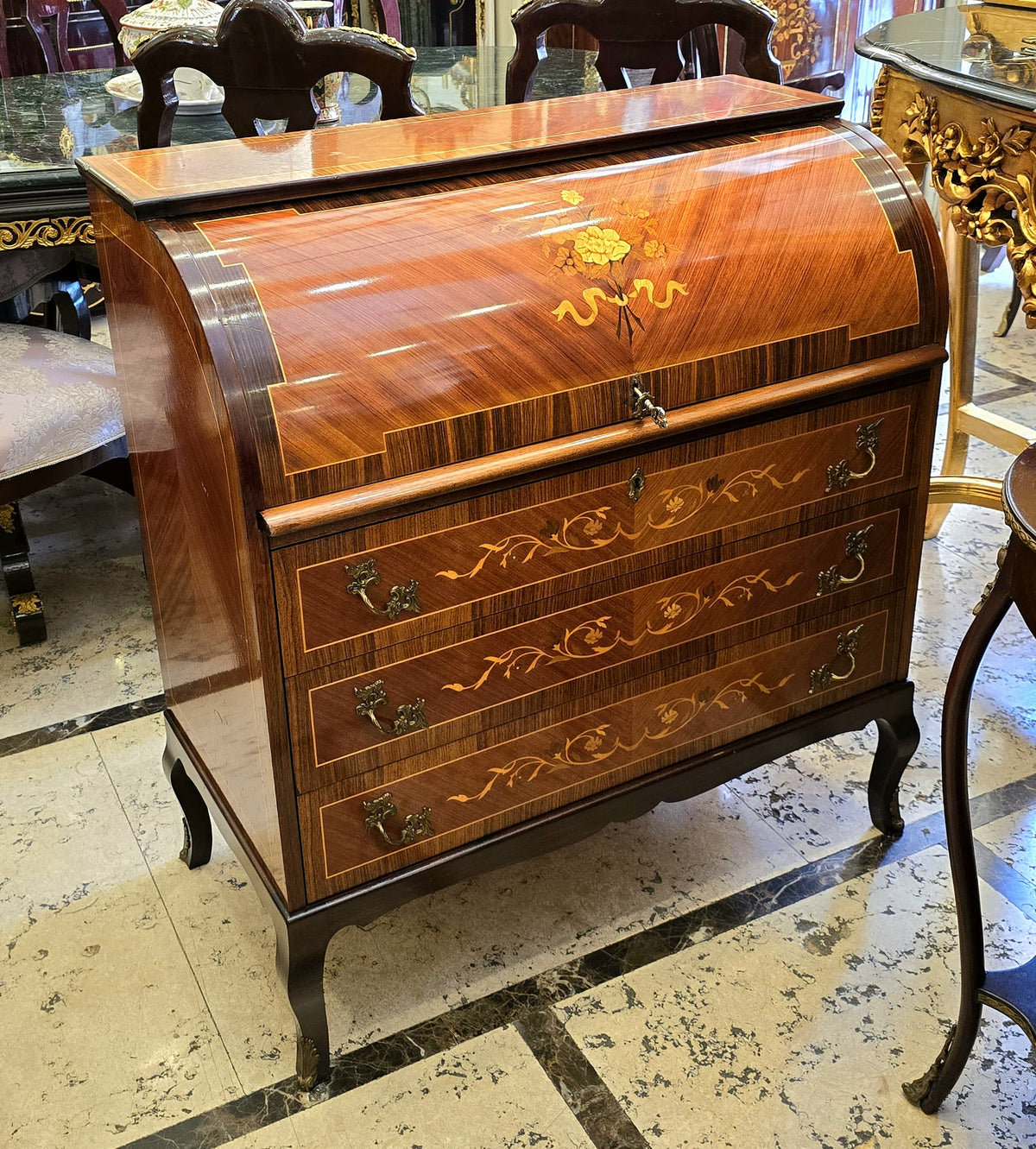 French-Style Roll-Top Secretary Desk – Marquetry Wood, Multiple Compartments & Decorative Inlay