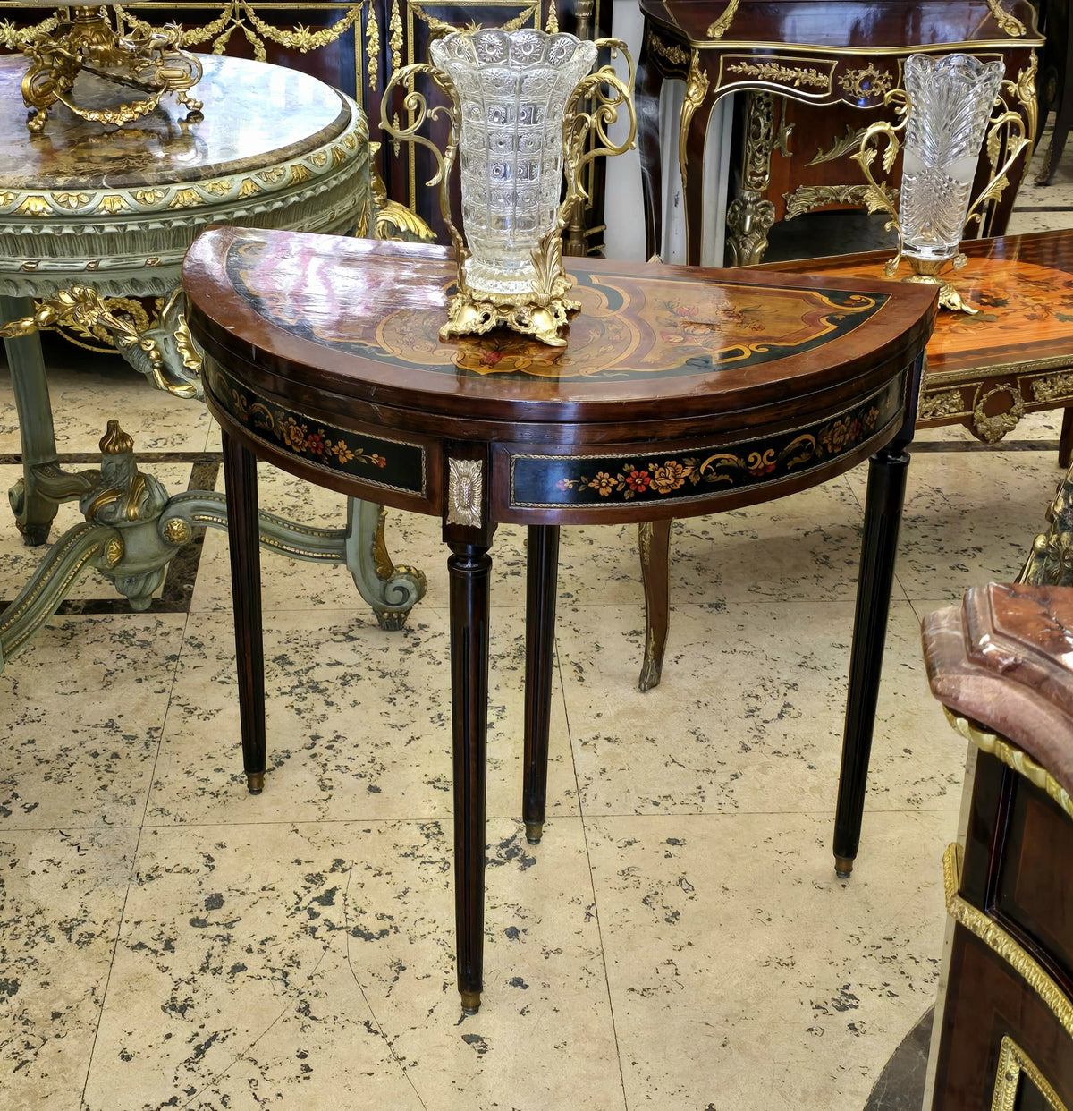 French-Style Demi-Lune Console Table – Dark Wood, Floral Inlay & Ornate Gold Leaf Details
