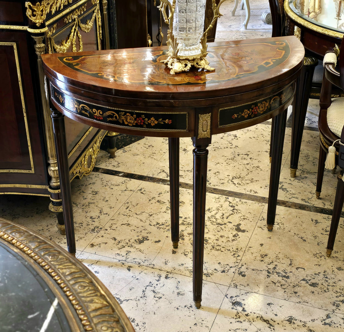 French-Style Demi-Lune Console Table – Dark Wood, Floral Inlay & Ornate Gold Leaf Details
