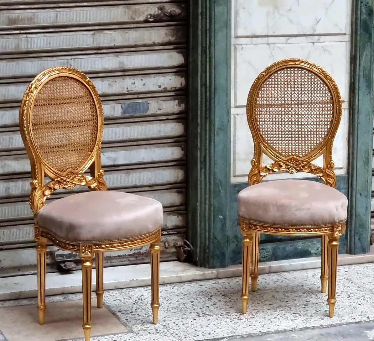 French Louis XVI Style Chair – Beige Velvet Upholstery, Cane Back & Gold Leaf Frame