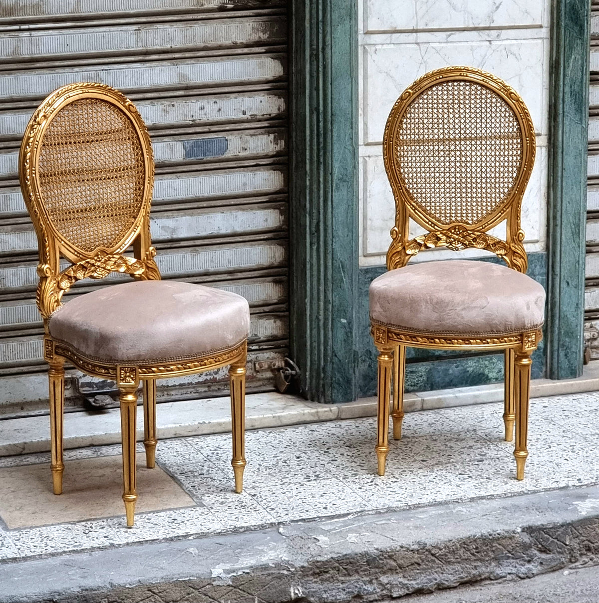 French Louis XVI Style Chair – Beige Velvet Upholstery, Cane Back & Gold Leaf Frame