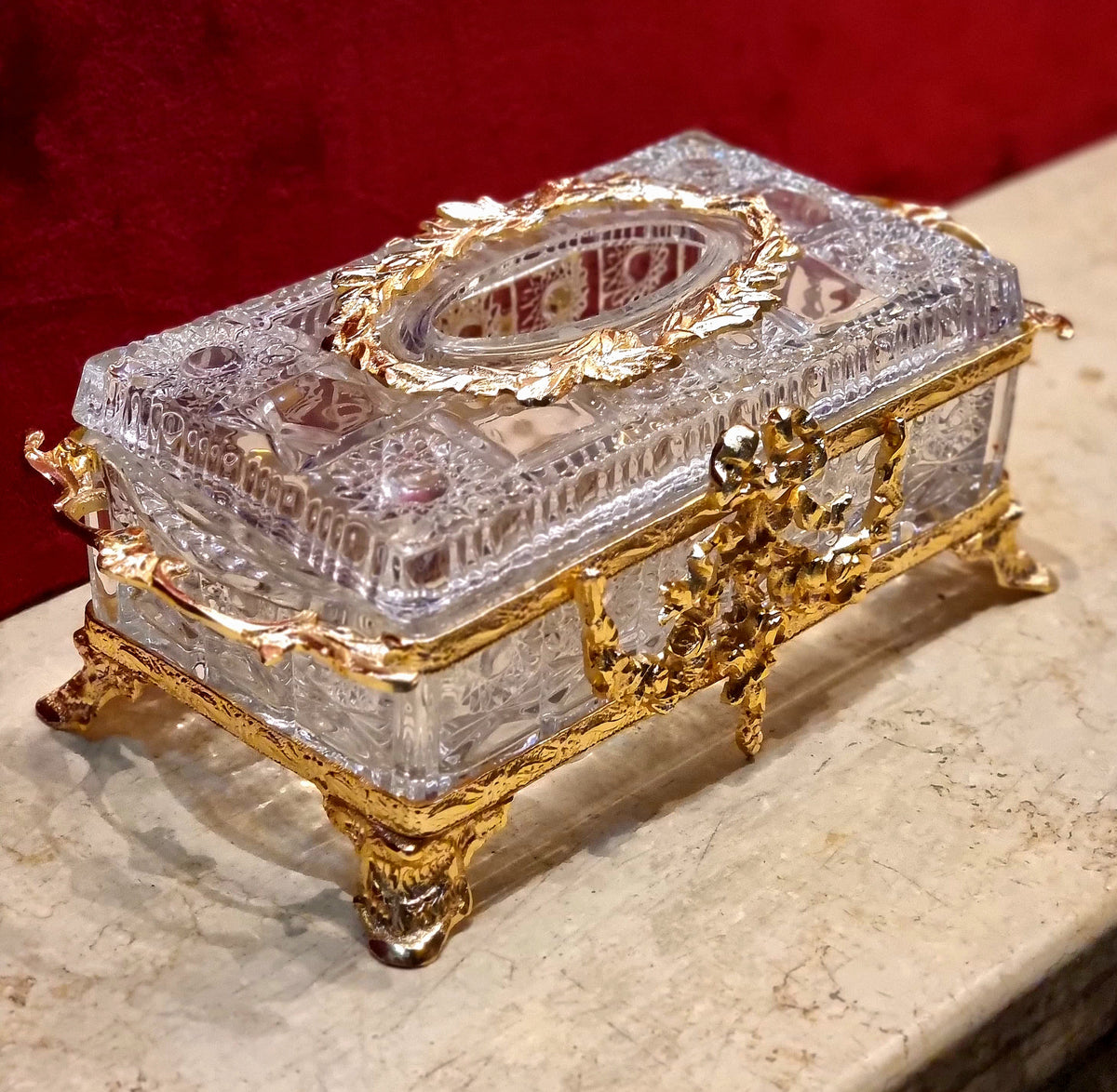 French-Inspired Crystal Jewelry Casket – Ornate Gilded Details & Sculptural Handles