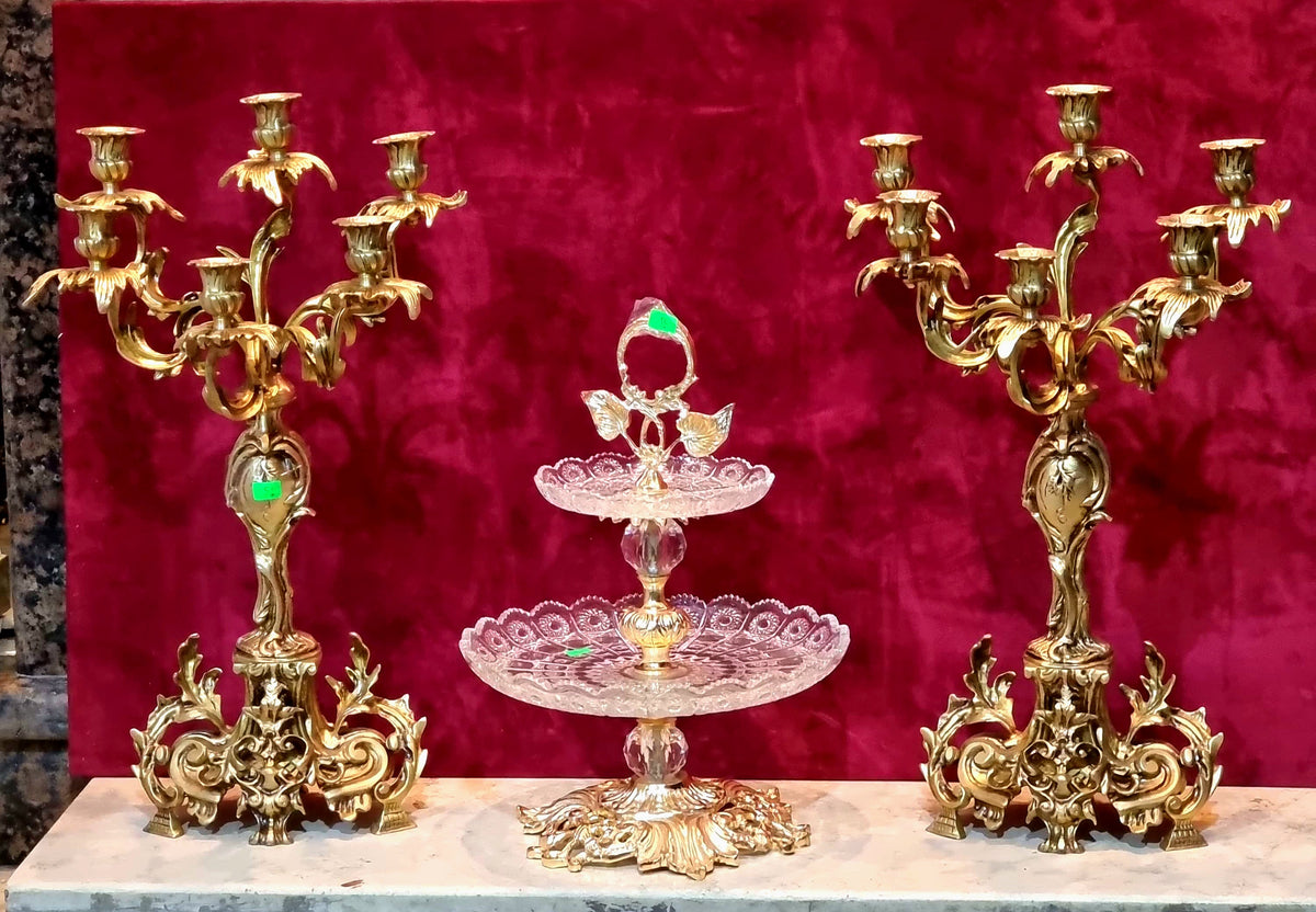 French-Style Gilded Candelabra & Crystal Serving Stand Set – Ornate Gold Leaf Decor, Set of 3