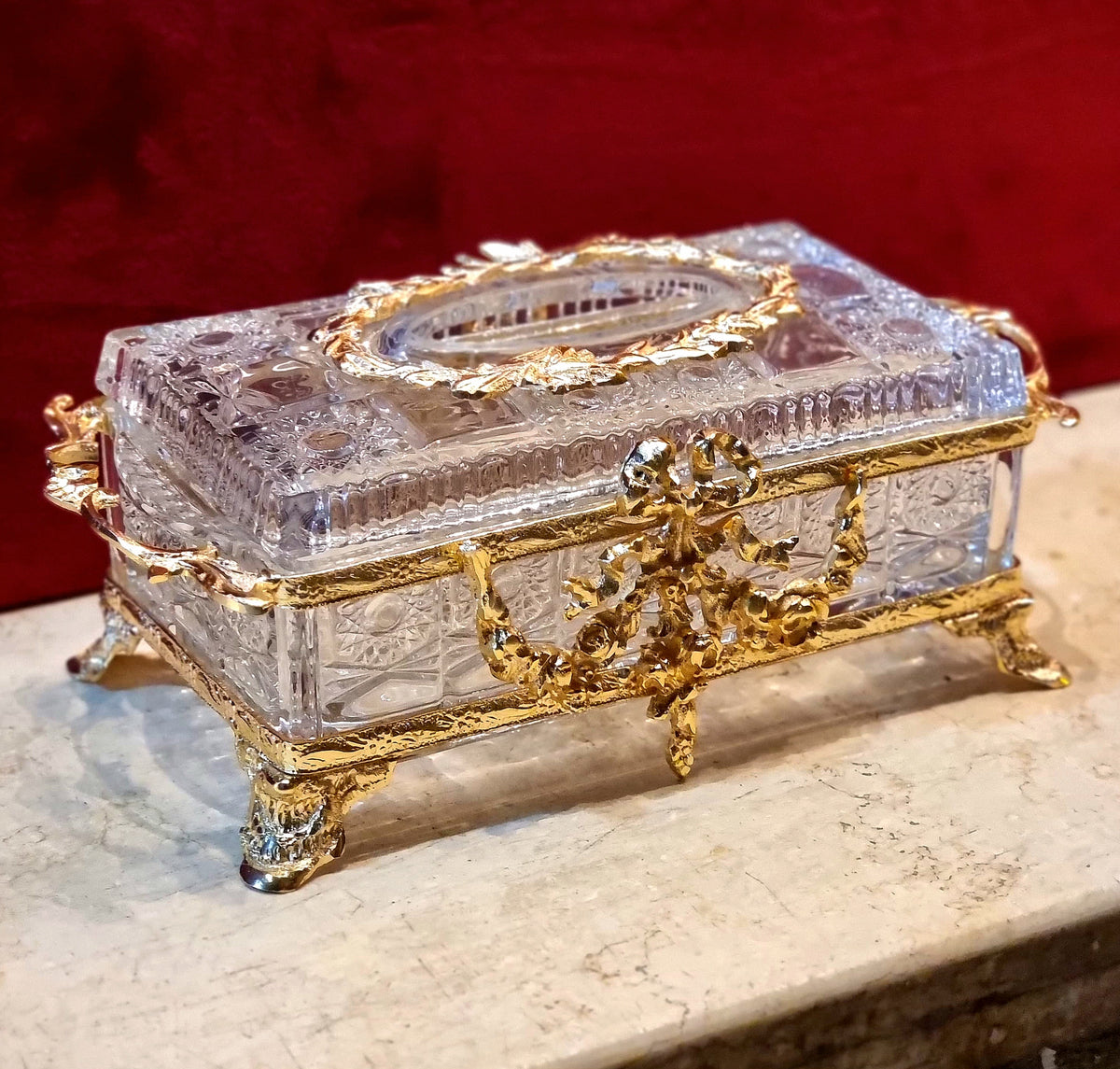 French-Inspired Crystal Jewelry Casket – Ornate Gilded Details & Sculptural Handles