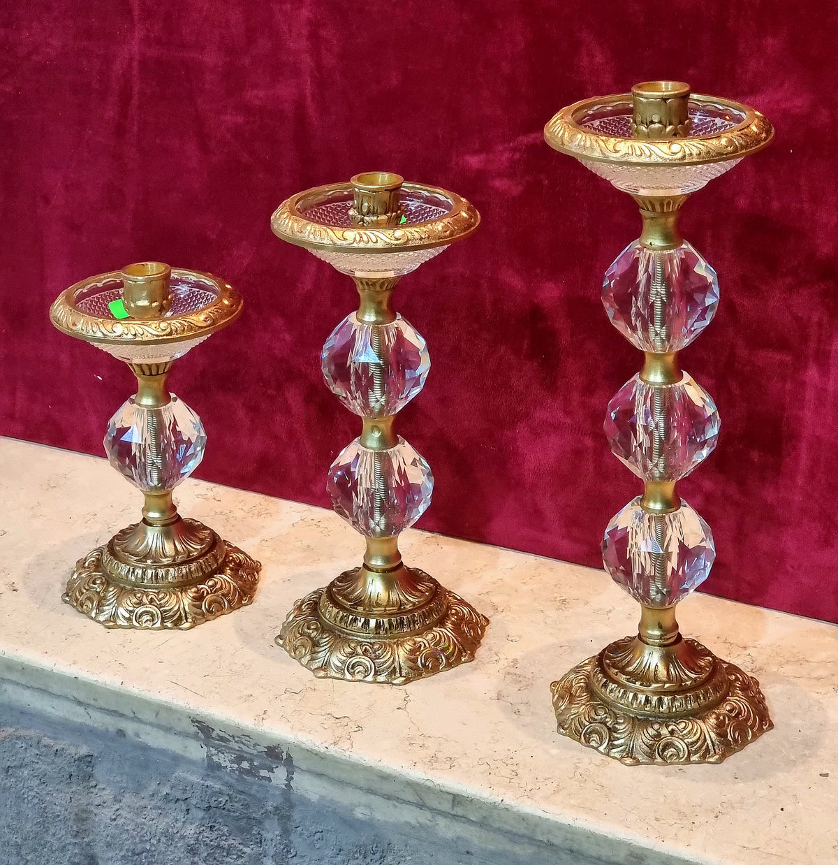 French-Style Crystal Candleholder Set – Trio of Faceted Crystal & Gold Leaf Decorative Pieces