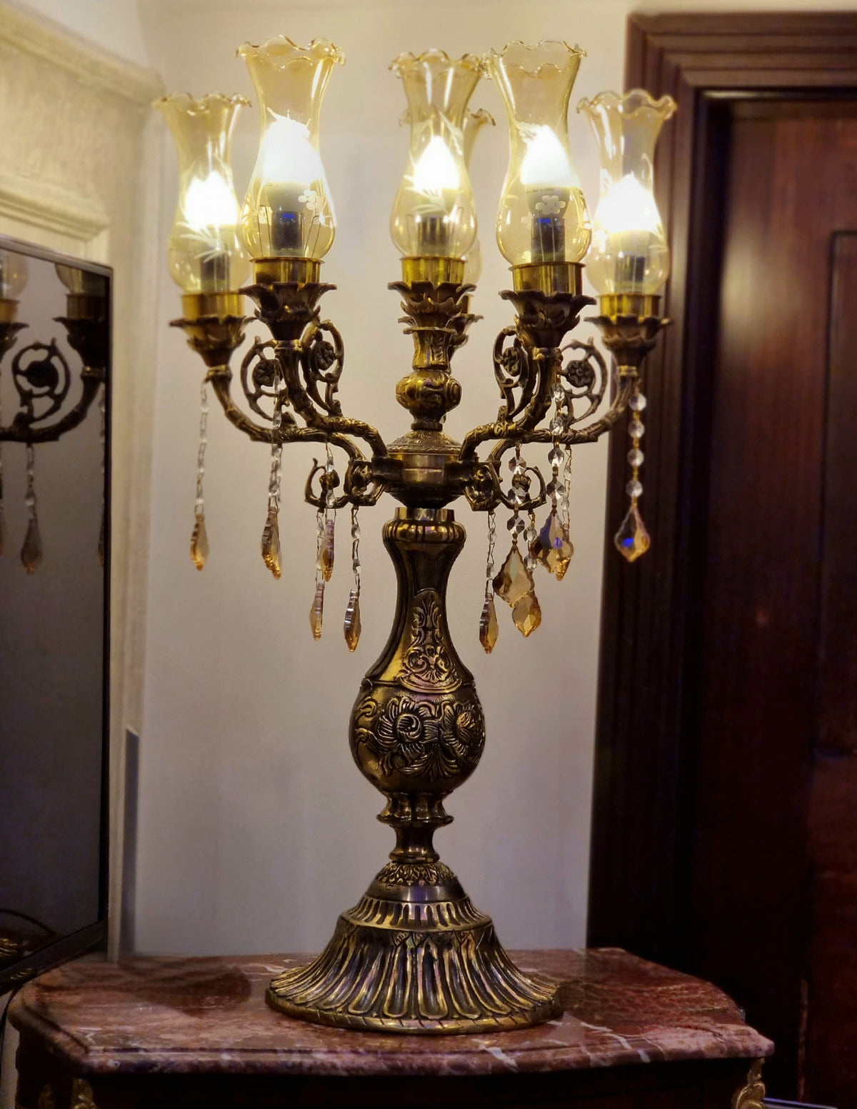 French-Style Five-Light Candelabra Lamp – Ornate Bronze & Gold Leaf with Crystal Drops