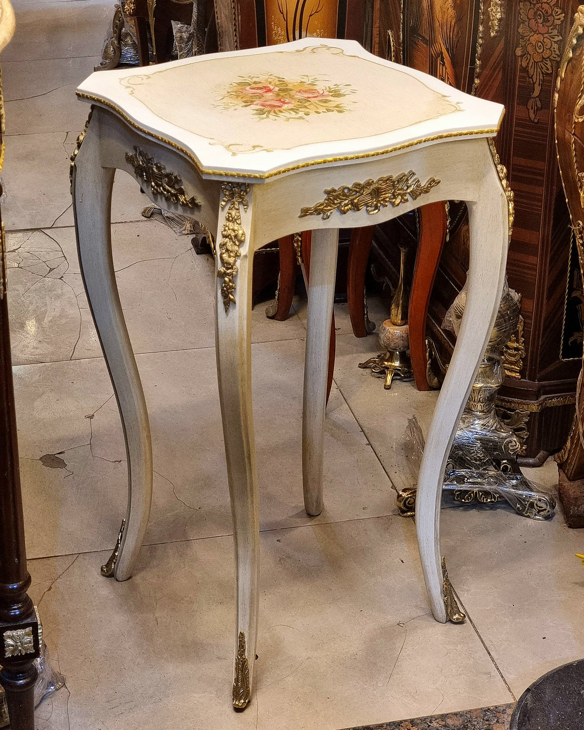 French-Style White Accent Table – Floral Inlay Top with Silver Leaf Details & Cabriole Legs