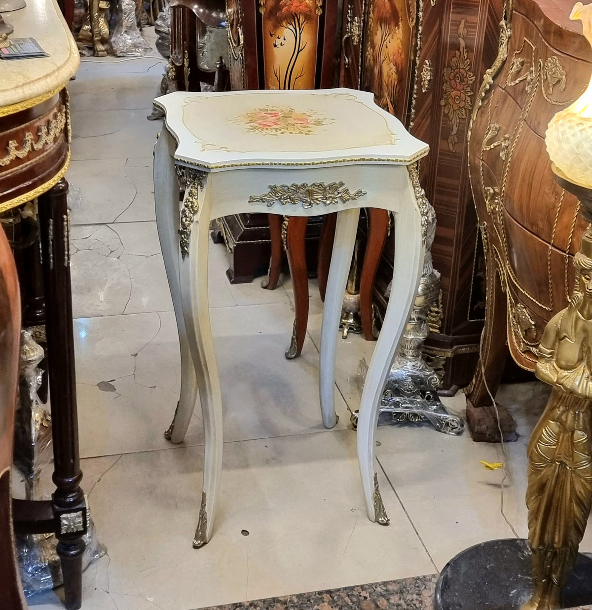 French-Style White Accent Table – Floral Inlay Top with Silver Leaf Details & Cabriole Legs