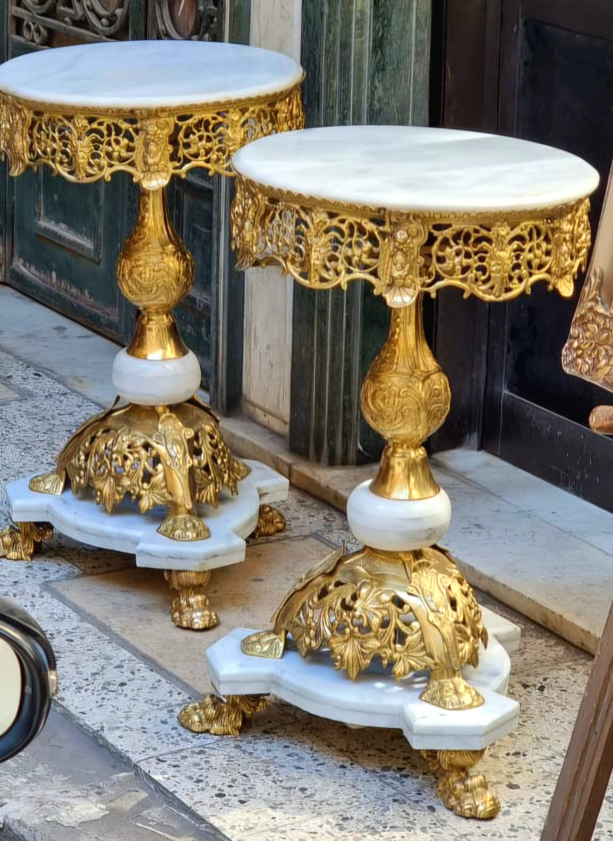French Neoclassical Side Tables – Set of 2 with White Marble Tops, Gold Leaf & Bronze Details