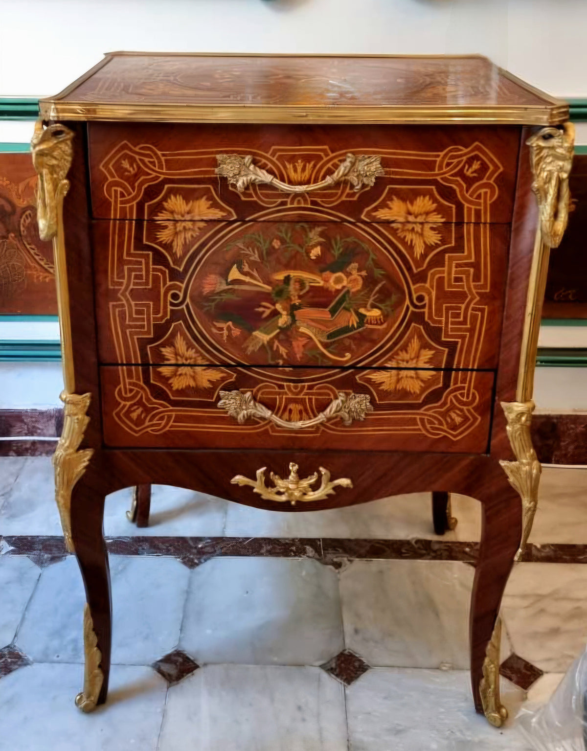 French Louis XV Style Two-Drawer Commode – Rich Wood Marquetry with Gilded Bronze Details