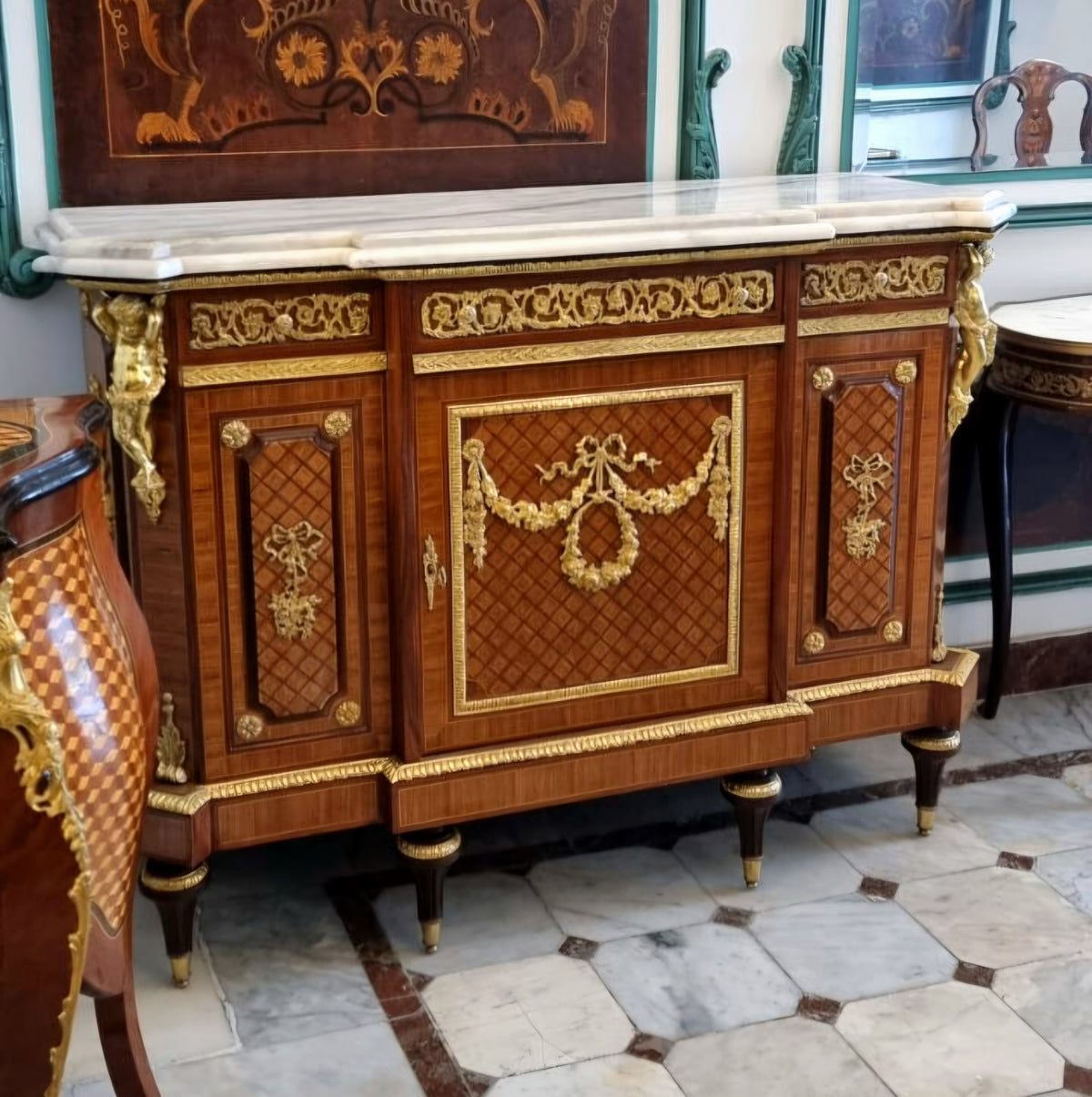 Grand French Louis XVI Style Sideboard – Marble Top with Gilded Bronze & Gold Leaf Ornamentation