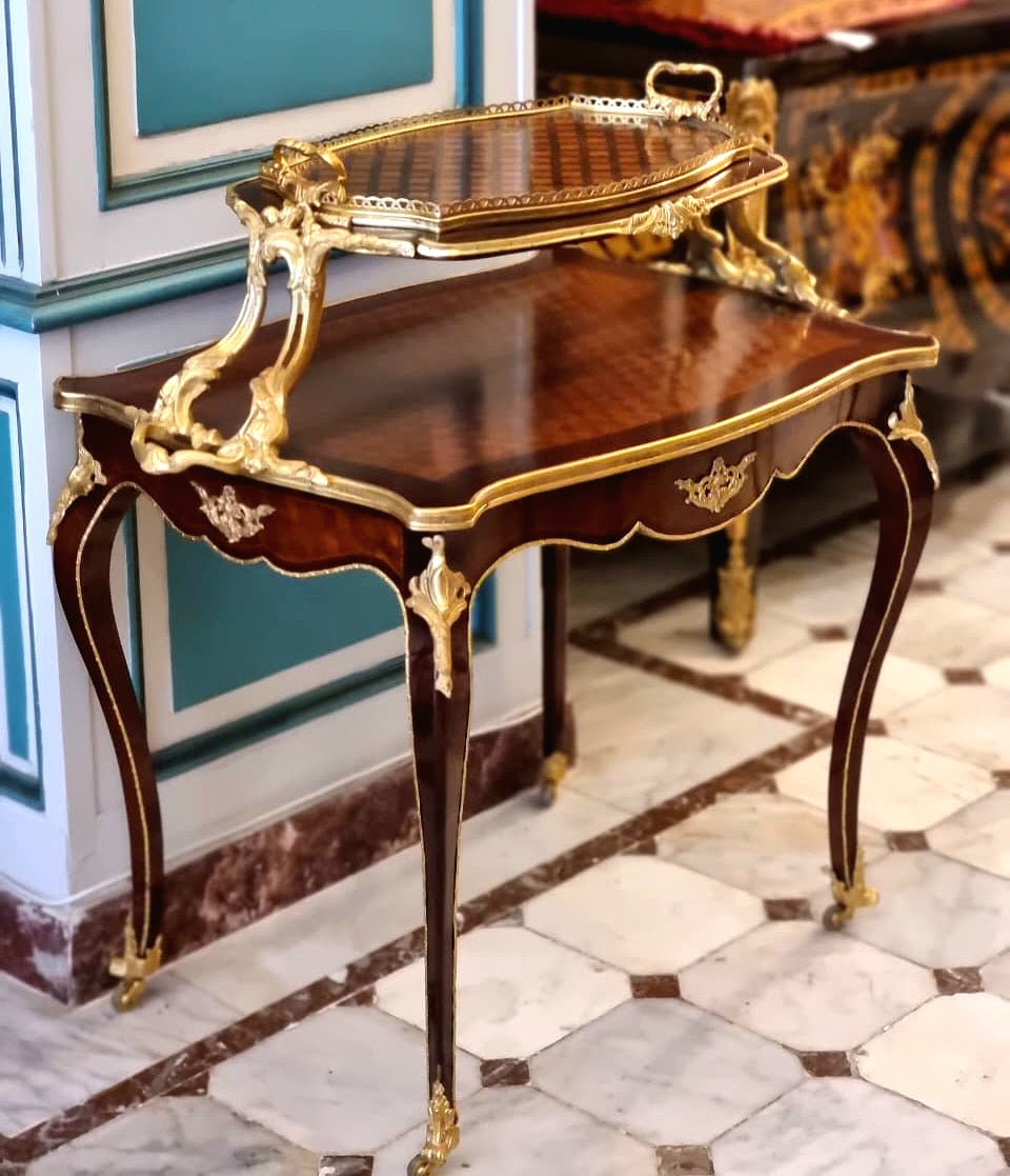 Ornate French Louis XV Serving Table – Hand-Carved Wood Frame with Gold Leaf & Removable Trays