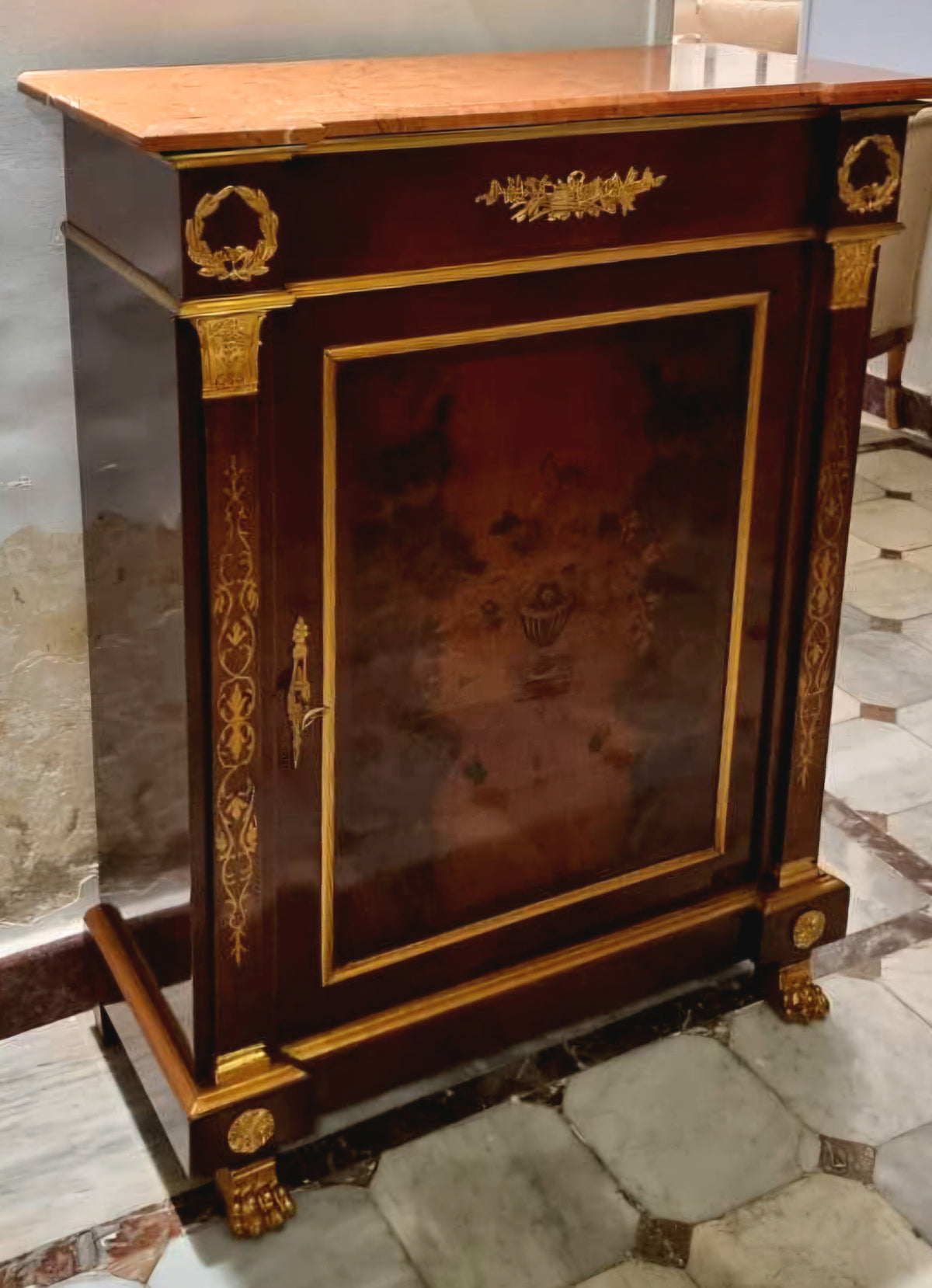 French Louis XVI Style Commode – Marble Top, Fine Marquetry Inlay & Ornate Gilded Bronze Details