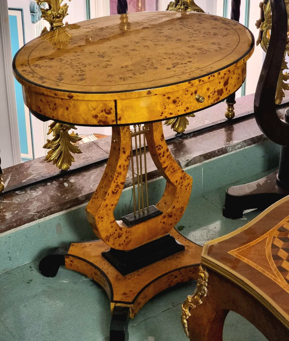 French Empire Style Wood Side Table – Burl Wood Finish with Gilded Bronze Details & Lyre Base