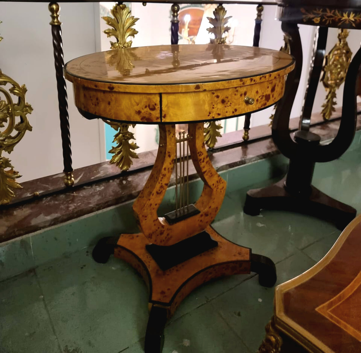 French Empire Style Wood Side Table – Burl Wood Finish with Gilded Bronze Details & Lyre Base