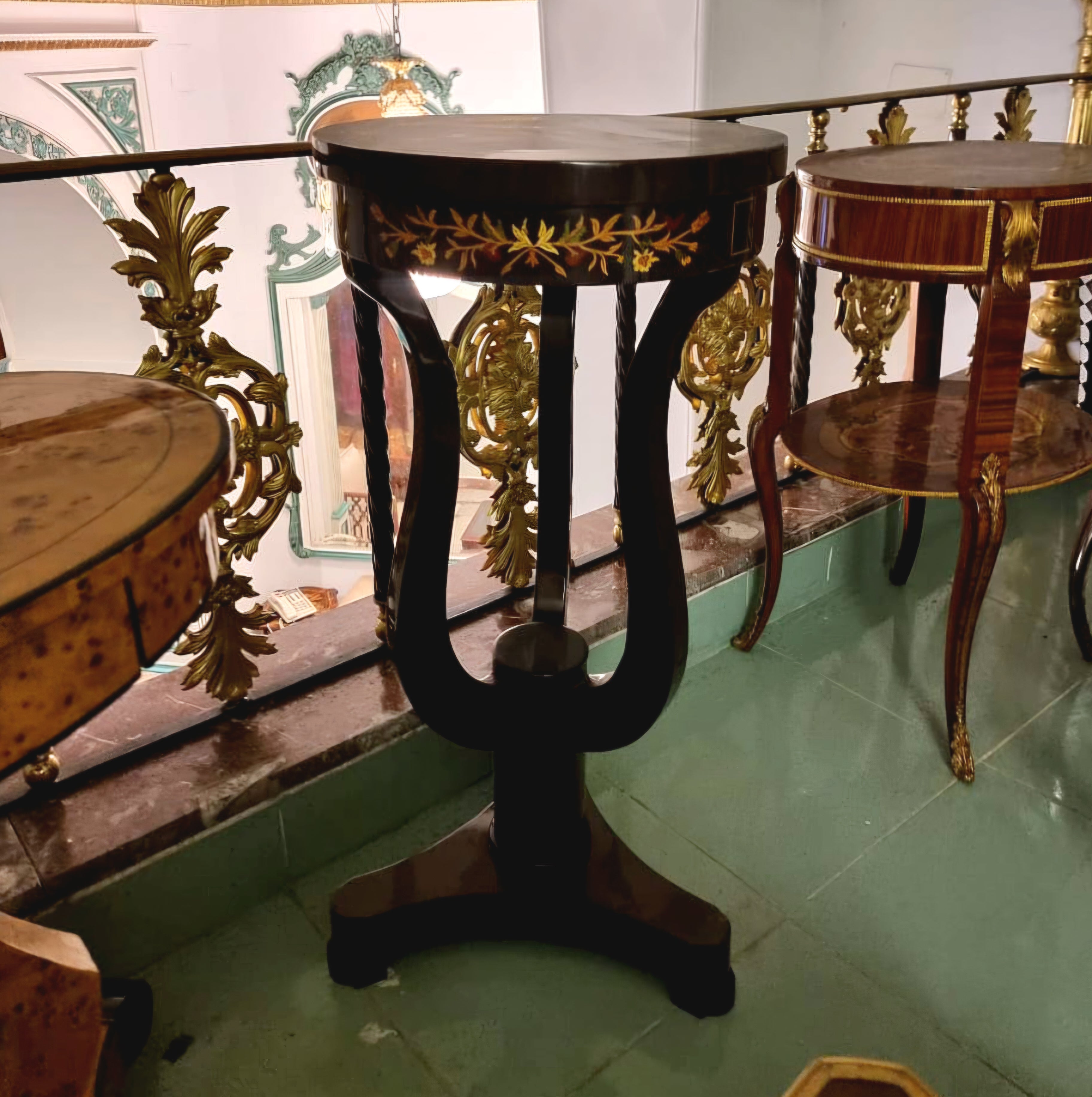 French Louis XVI Style Pedestal Side Table – Black Wood with Floral Inlay & Gilded Bronze Details