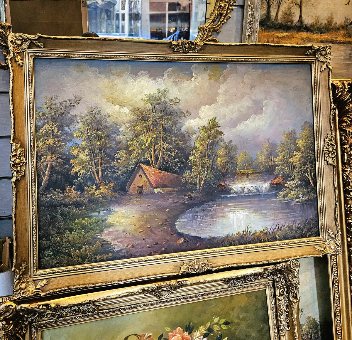 Romantic French-Style Lakeside Landscape – Country Cottage, Scenic Path & Gilded Gold Leaf Frame