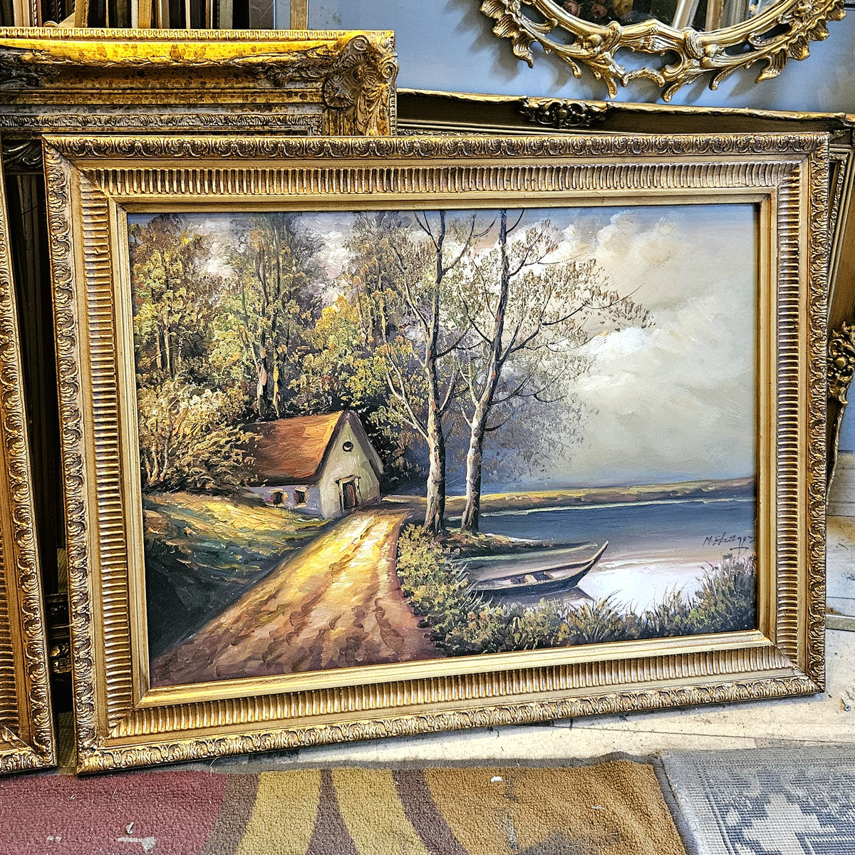 French-Style Lakeside Landscape Painting – Country House, Scenic Road & Ornate Gold Leaf Frame