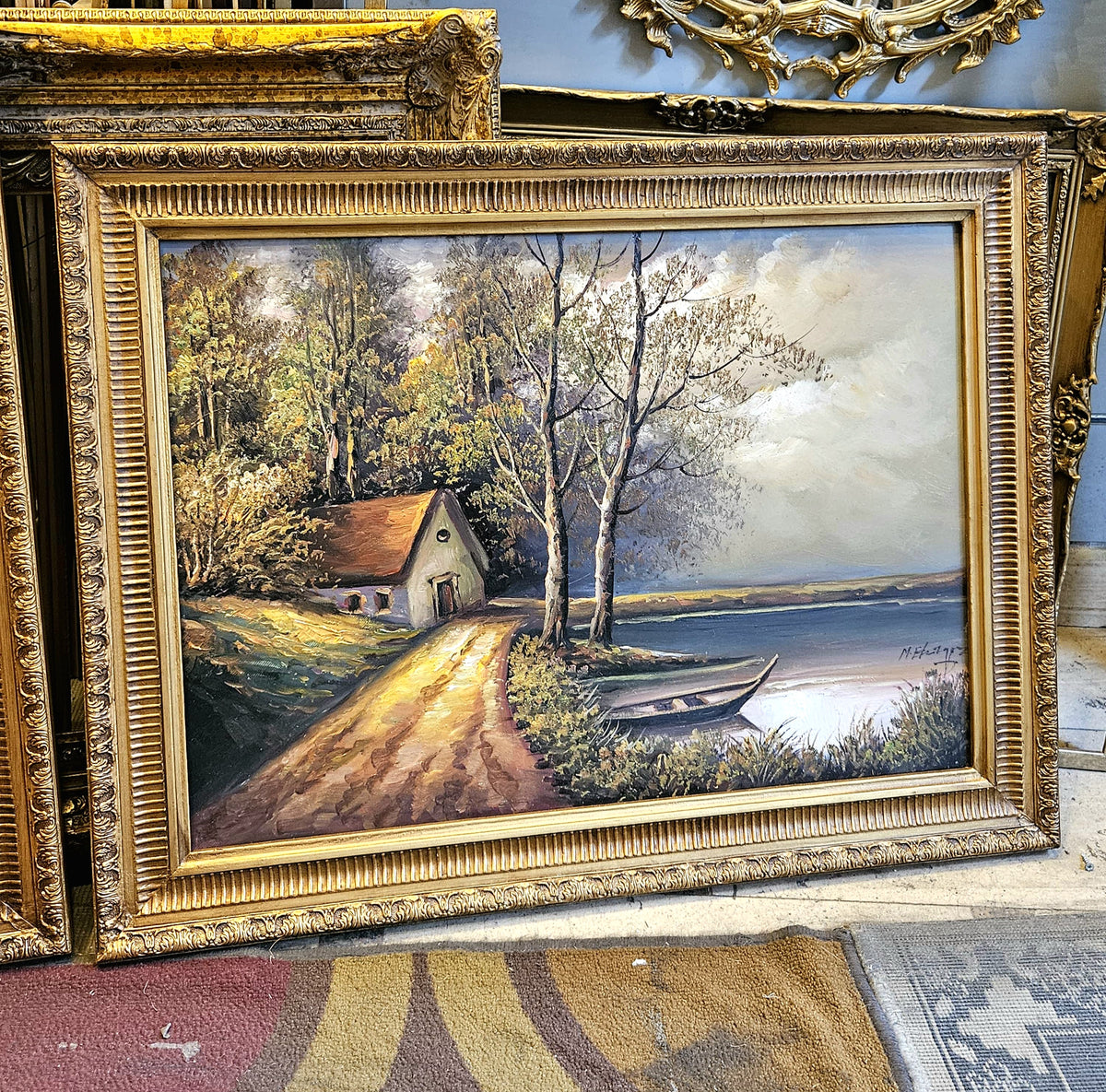 French-Style Lakeside Landscape Painting – Country House, Scenic Road & Ornate Gold Leaf Frame