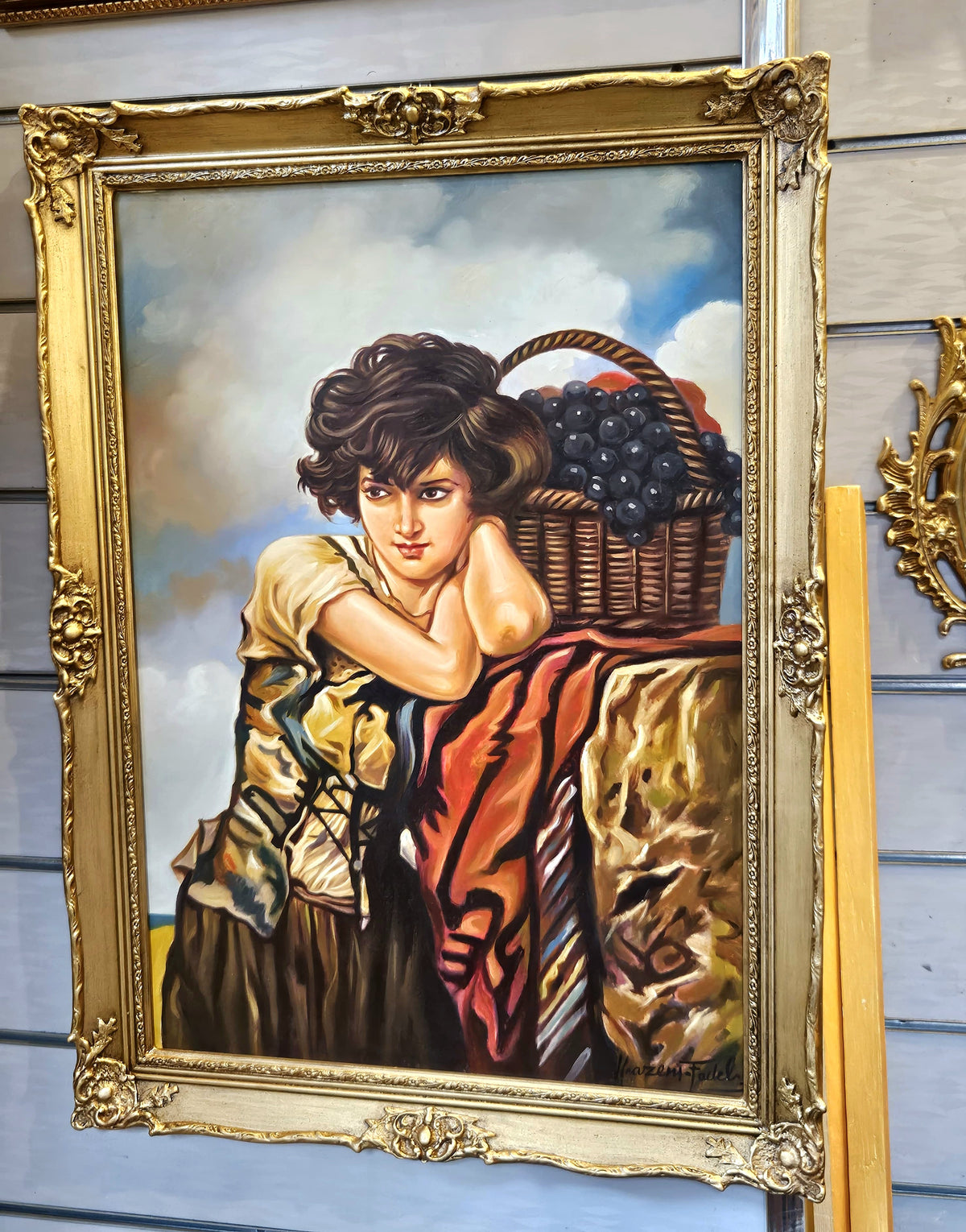 French-Style Portrait Painting of Woman with Fruit Basket – Ornate Gold Leaf Frame