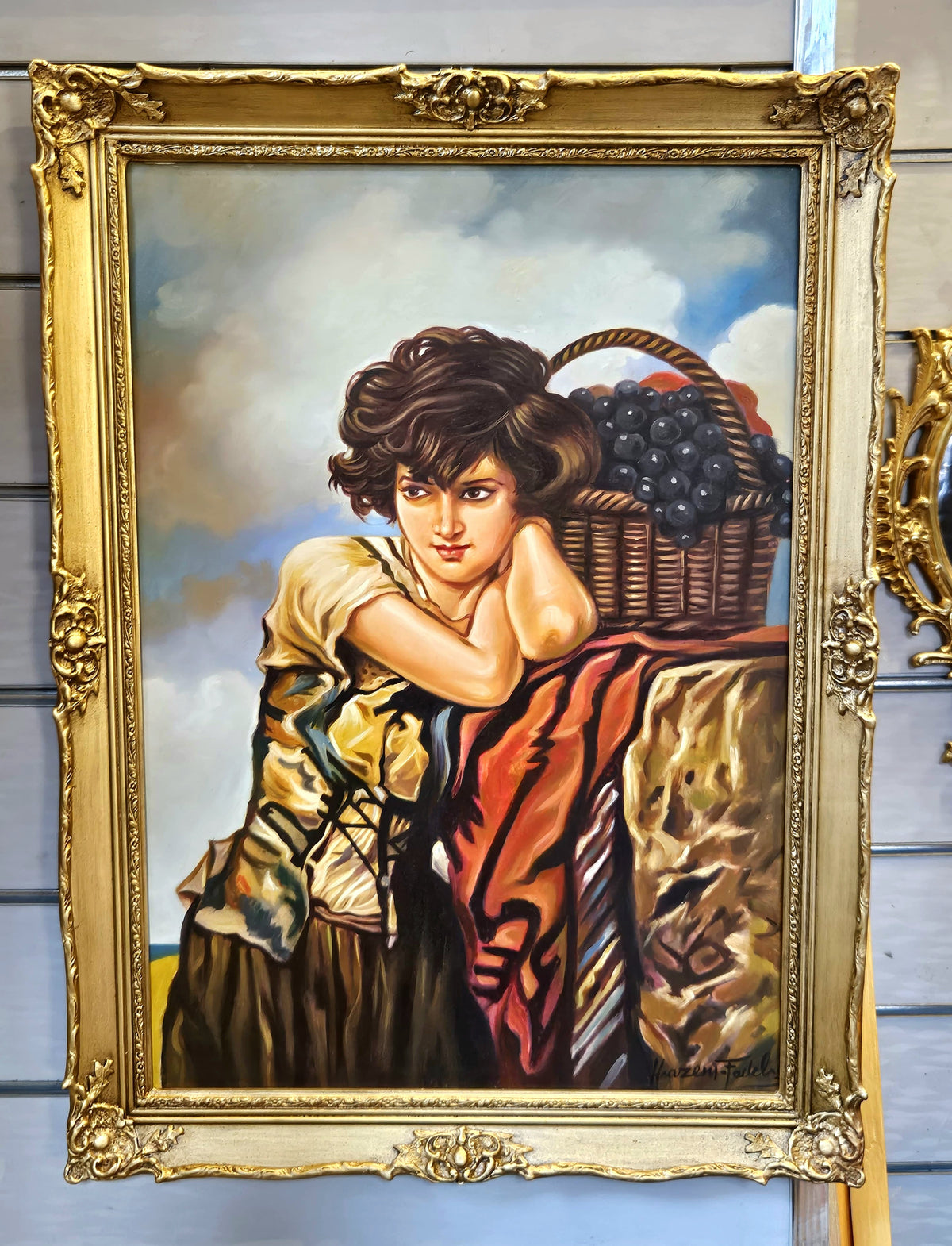 French-Style Portrait Painting of Woman with Fruit Basket – Ornate Gold Leaf Frame