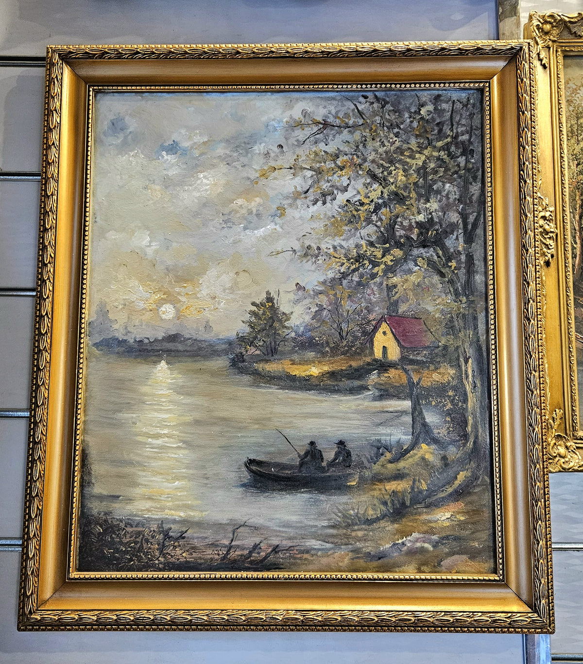 French-Style Lake Landscape Painting – Fishermen in a Boat with Ornate Gold Leaf Frame