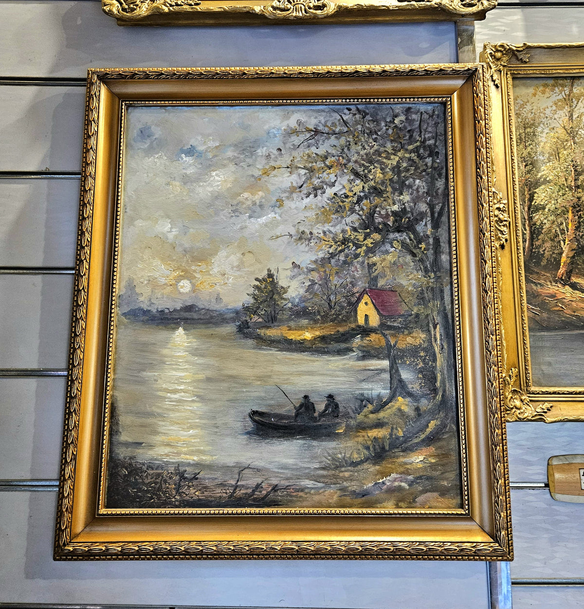 French-Style Lake Landscape Painting – Fishermen in a Boat with Ornate Gold Leaf Frame
