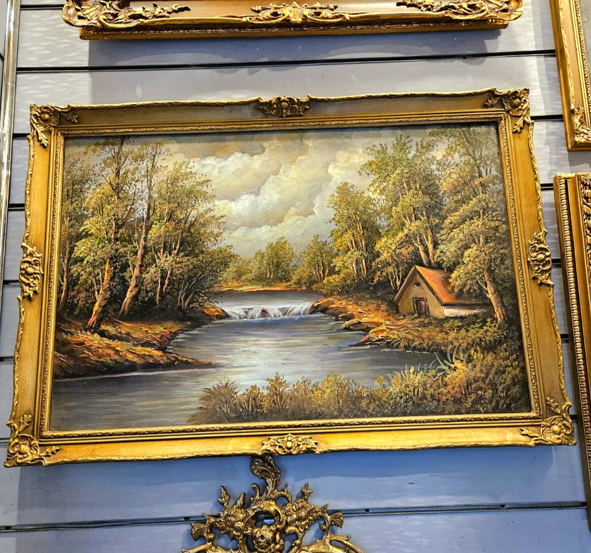 Charming Cottage Landscape Wall Art – Hand-Painted Woodland Scene with Ornate Gold Frame