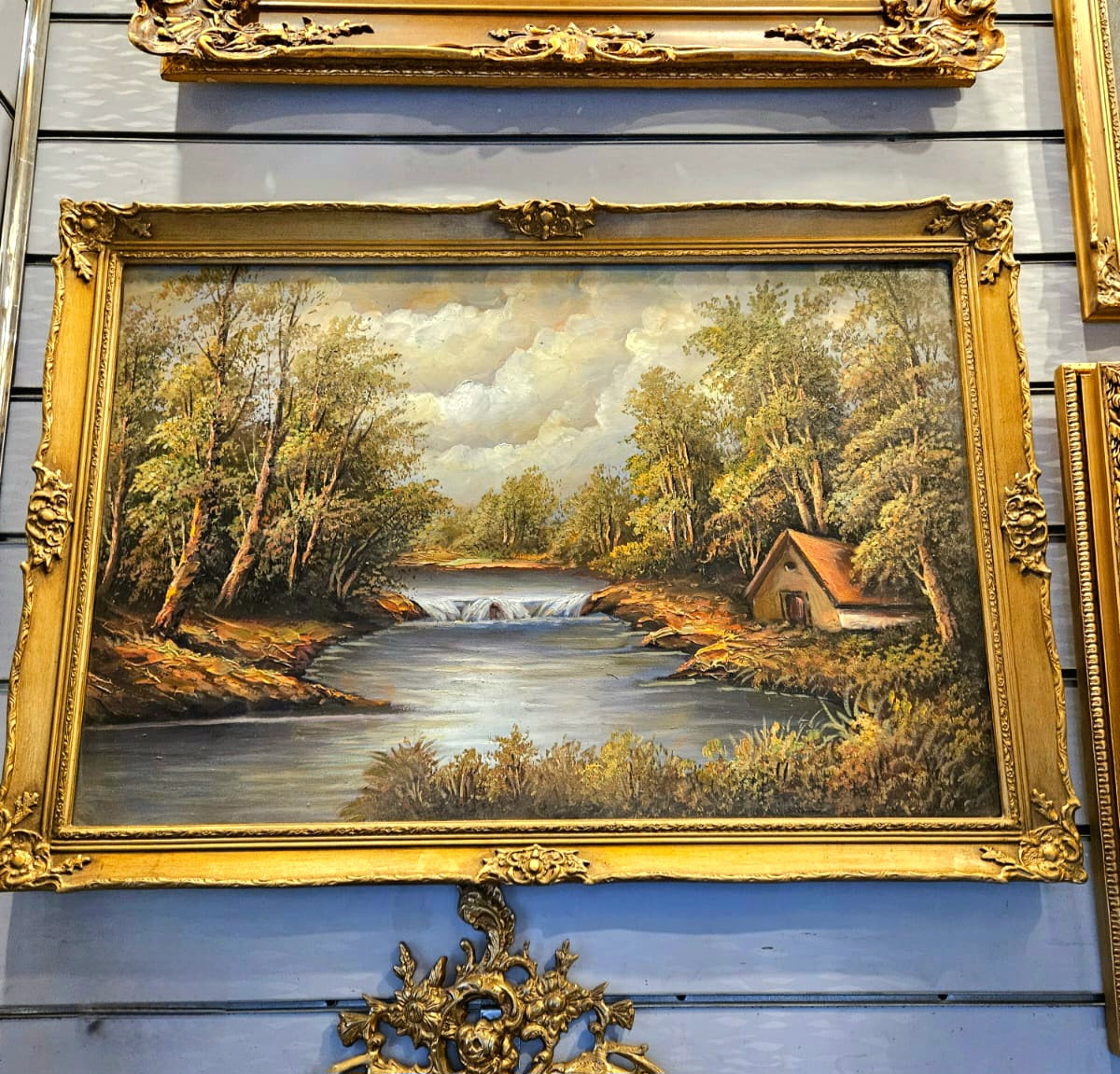 Charming Cottage Landscape Wall Art – Hand-Painted Woodland Scene with Ornate Gold Frame