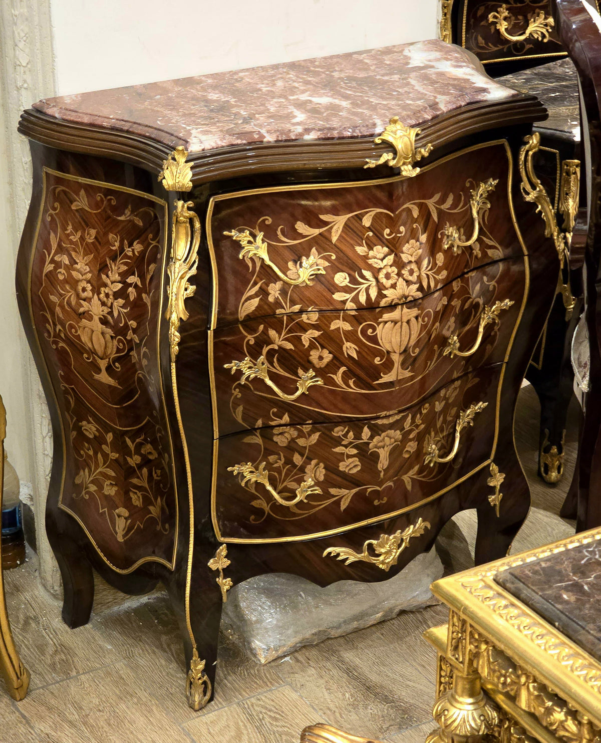 French Louis XV-Style Commode – Floral Marquetry, Marble Top & Ornate Gilded Bronze Details