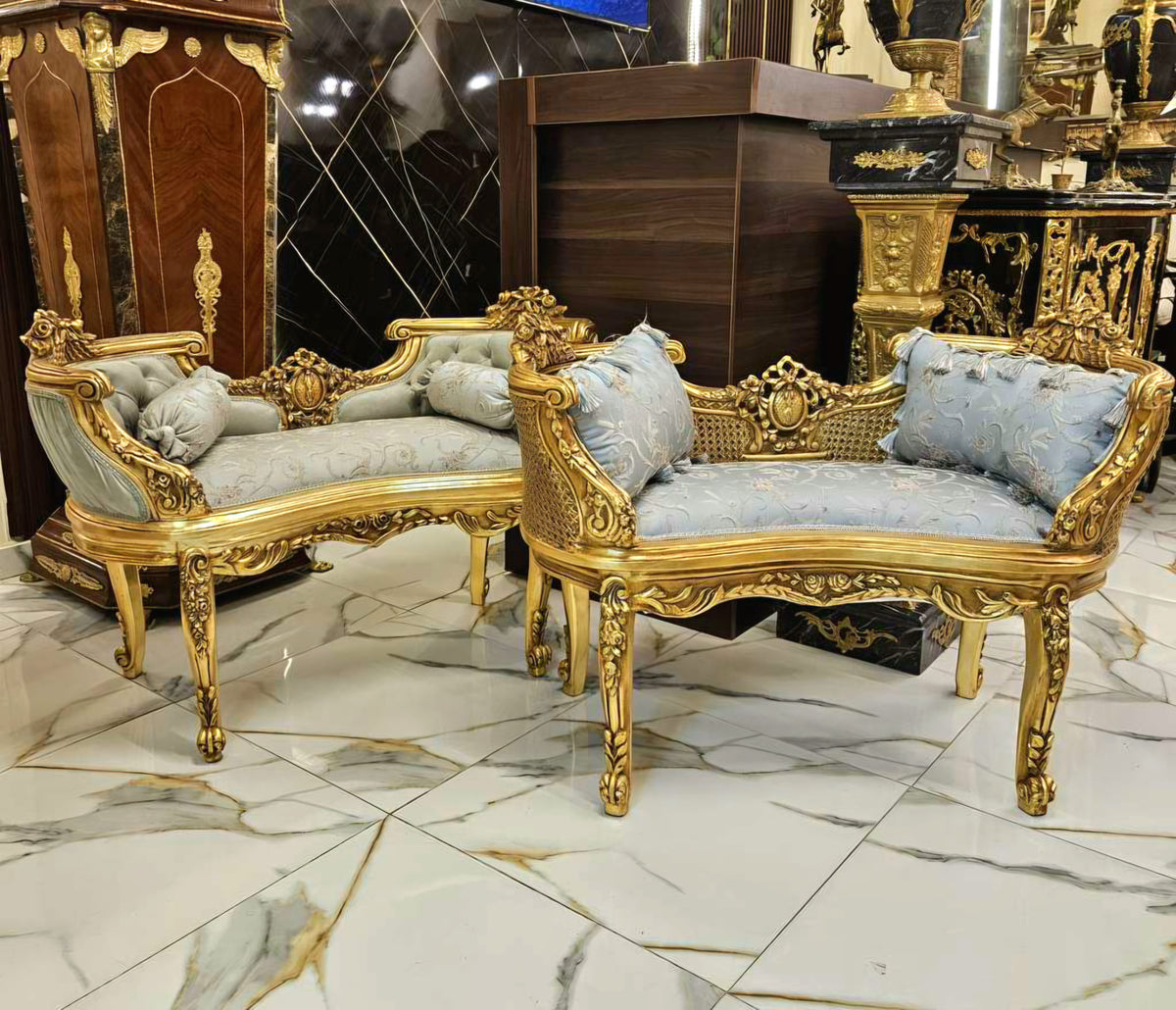 French Louis XV Style Bench Set – Two Ornate Gold Leaf with Elegant Upholstery