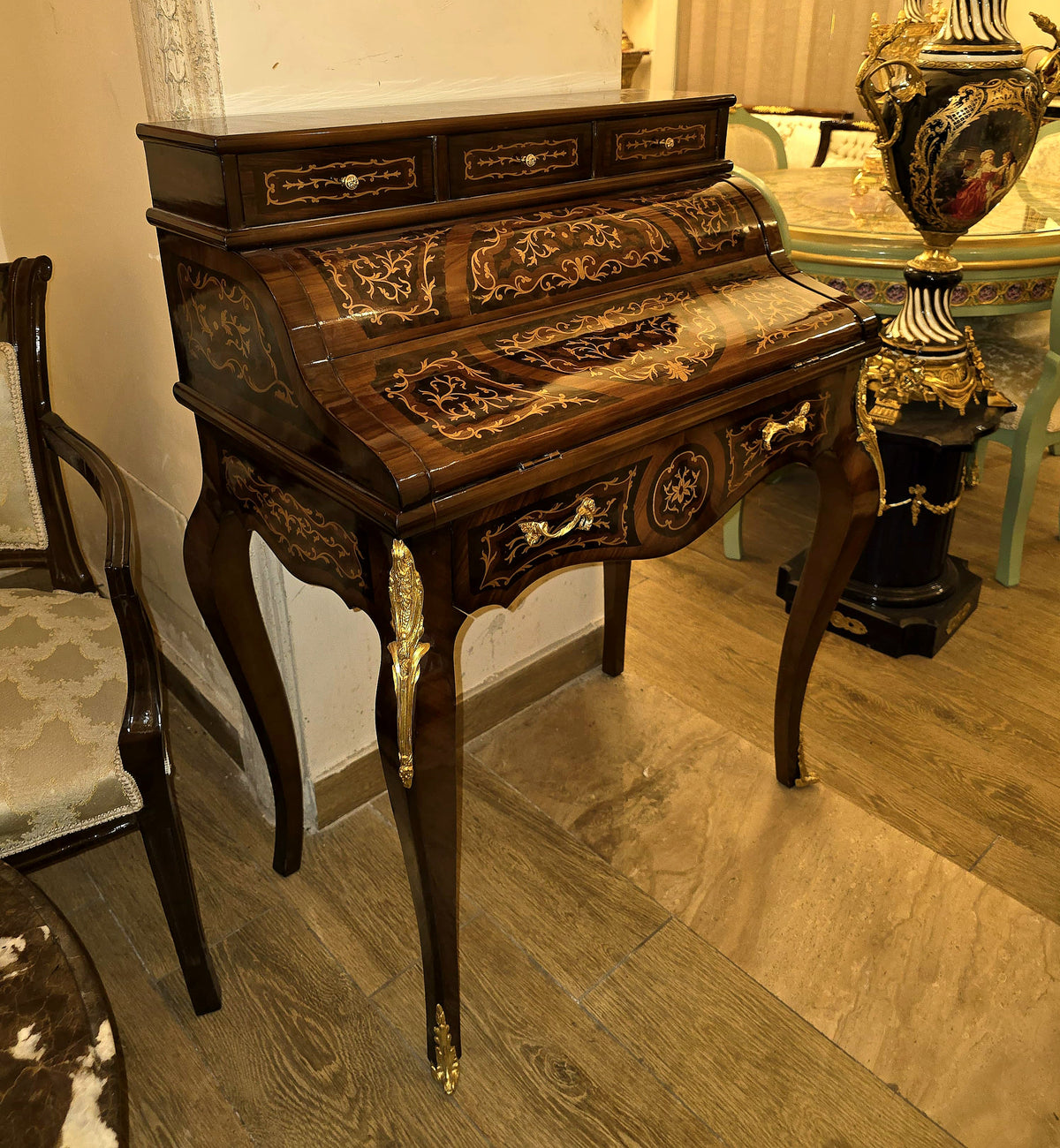 Louis XV-Inspired Roll-Top Secretary Desk – Marquetry Wood, Gilded Bronze Mounts & Writing Compartment