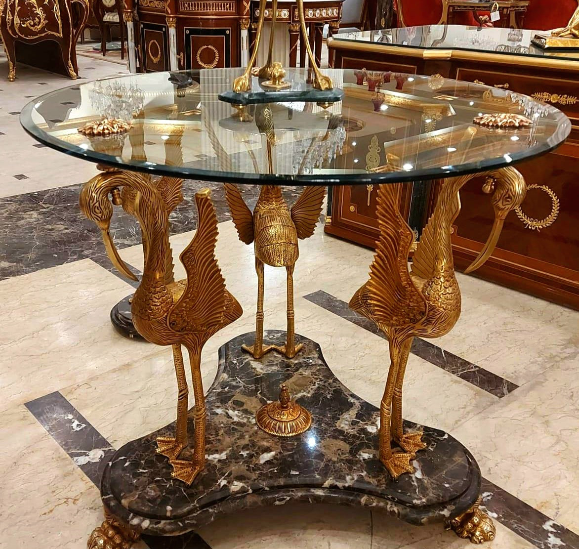 French-Inspired Dining Table – Sculptural Bird Base with Marble, Gold Leaf & Glass Top