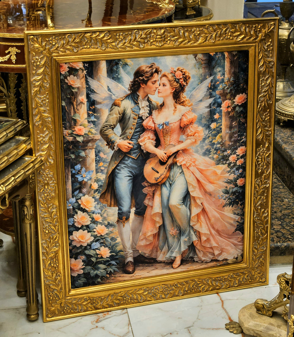 Romantic European Couple Print – Elegant Garden Scene with Ornate Gold Leaf Frame