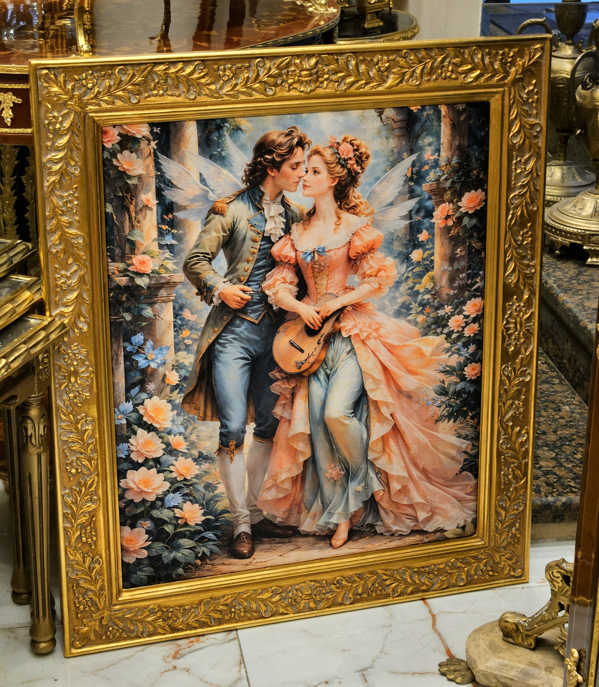 Romantic European Couple Print – Elegant Garden Scene with Ornate Gold Leaf Frame