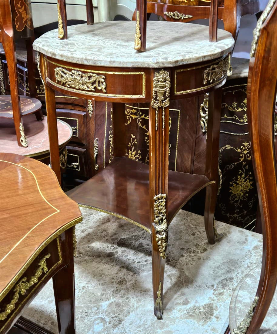 French Louis XV-Inspired Side Table – Marble Top, Floral Porcelain Medallion & Gilt Bronze Accents