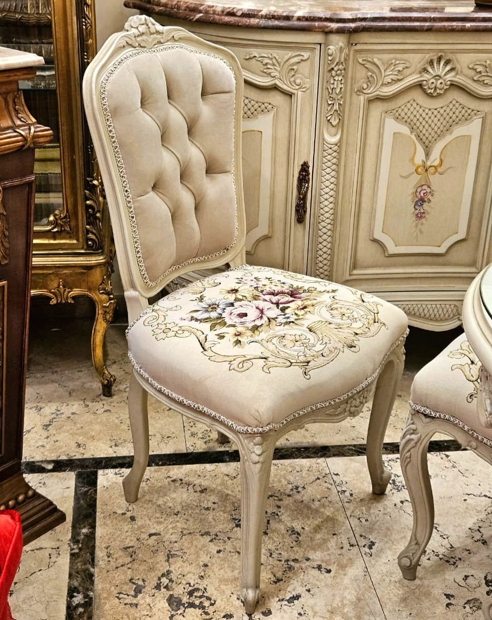 French-Style Off-White Velvet Chair – Tufted Back, Floral Seat & Carved White Frame
