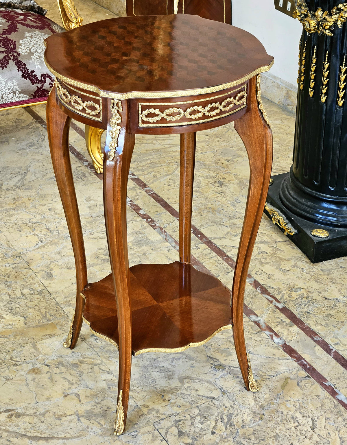 French-Inspired Side Table – Rich Wood Finish with Gilded Gold Leaf Details