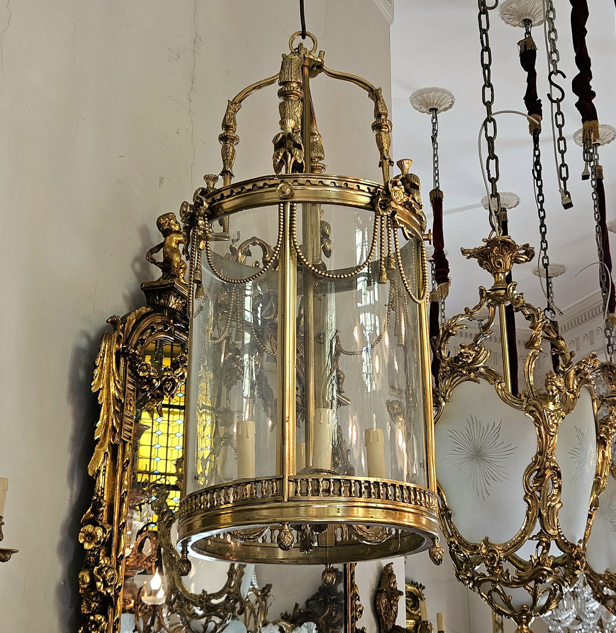 French-Style Gilded Lantern Chandelier – Glass Panel Design with Ornate Gold Leaf Details