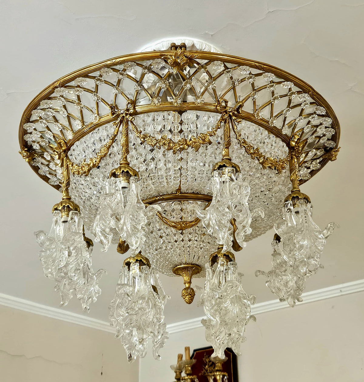 Large French-Style Crystal Chandelier – Gilded Bronze, Gold Leaf & Cascading Crystal Details