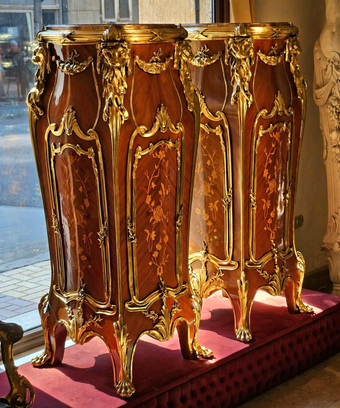 Ornate French-Style Pedestal Stand – Gilded Wood, Marble Top & Intricate Decorative Details
