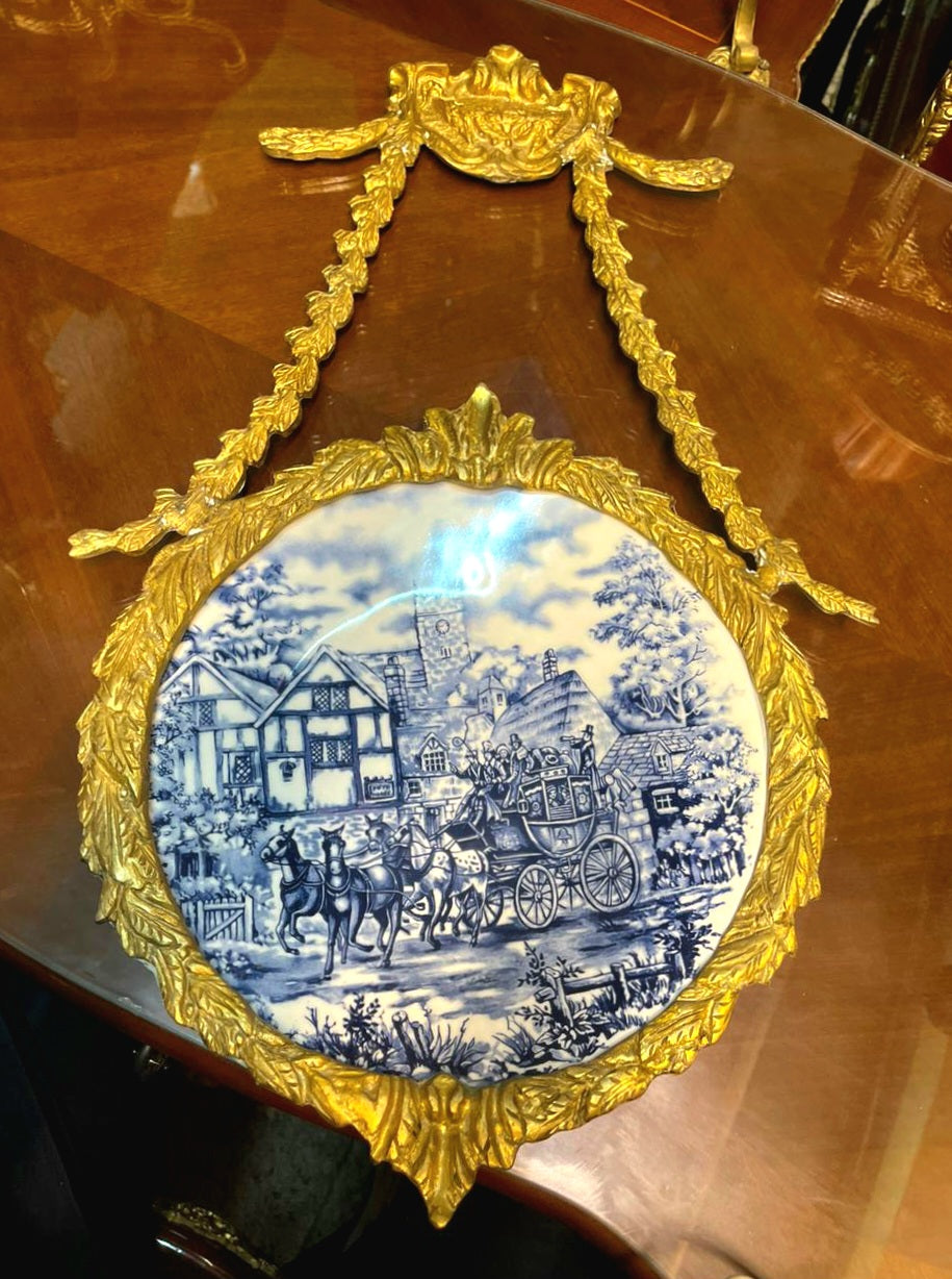 French-Style Porcelain Wall Plate – Blue & White Scenic Design with Ornate Gold Leaf Frame