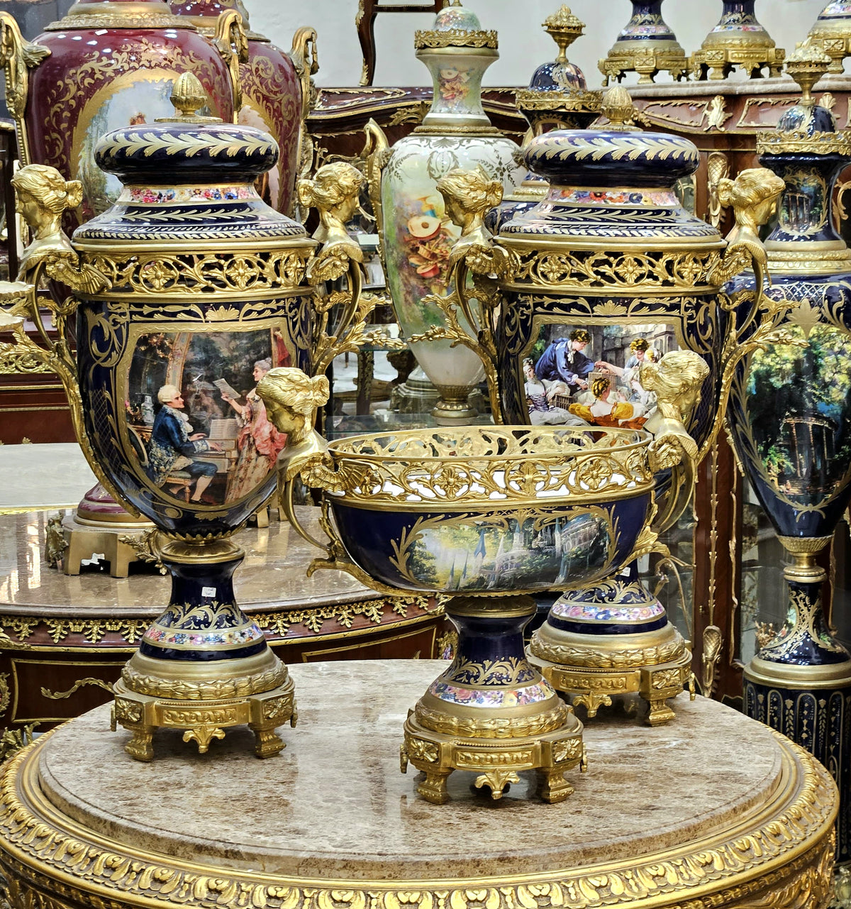 Opulent French-Style Blue Porcelain Garniture – Ornate Floral Vases & Gilded Decorative Centerpiece